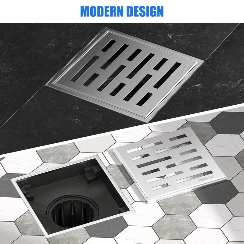Neodrain Square Shower Drain, 4 inch Stainless Steel 304 Grate and PVC Drain Body, Brick Pattern Grate with Brushed Nickel Finish, Kit Includes Hair Trap/Strainer,Lifting Hook and PVC Drain Base - Image 5